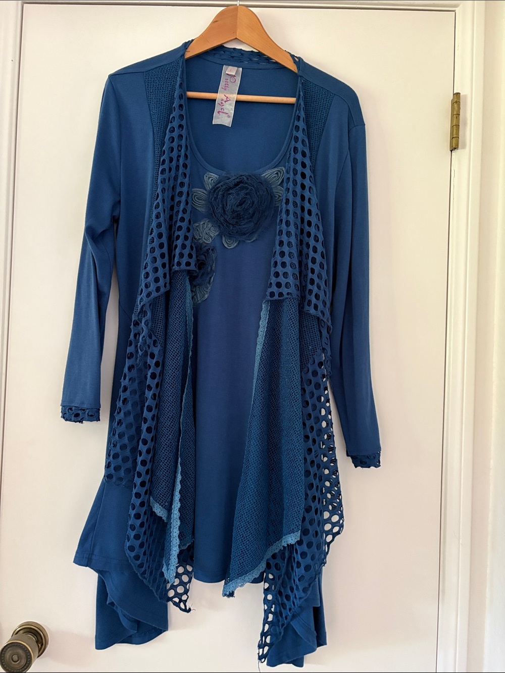 Teal Blue Layered Dress/Tunic with Floral Applique plus matching lace leggings L